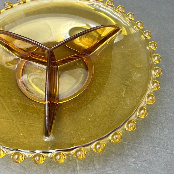 Vintage Amber Glass 3 Divided Serving Plate Dish Beaded Edge 70s 80s Art Deco - Picture 9 of 10